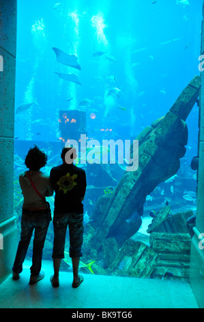 Un enorme acquario di acqua salata dell'Hotel Atlantis Palm Jumeirah, Dubai, Emirati Arabi Uniti, in Arabia, in Medio Oriente, Orient Foto Stock