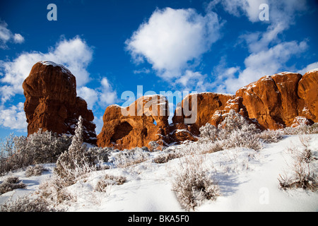 Fantastiche formazioni rocciose scolpite nel corso di migliaia di anni che punteggiano il paesaggio invernale del Parco Nazionale di Arches in Moab Utah. Foto Stock