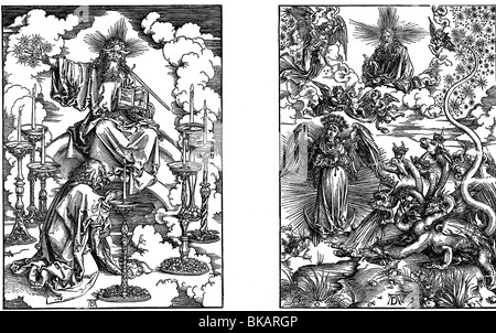 La religione, il cristianesimo, apocalisse, xilografie, 1° e 9° foglio da Albrecht Dürer, 1498, artista del diritto d'autore non deve essere cancellata Foto Stock