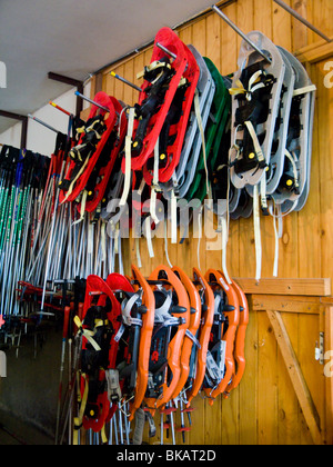 Ski raquette / raquettes per affitto / noleggio francesi nella località alpina di Plateau de Sur Lyand, in Ain dipartimento di Francia. Foto Stock