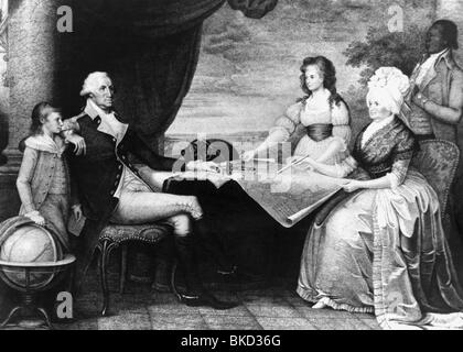 Washington, George, 22.2.1732 - 14.12.1799, generale e politico americano, 1st Presidente degli Stati Uniti 30.4.1789 - 4.3.1797, con moglie Martha e figliastri Eleanor e John Cuscis, Mount Vernon, Virginia, pittura, 18th secolo, , Foto Stock