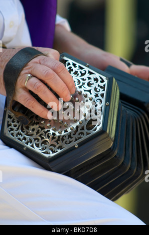 Close up di un musicista la mano giocando una concertina ad accompagnare morris dancing presso la Oxford Folk Festival Foto Stock