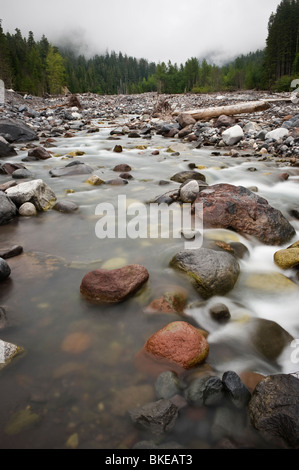 I detriti rocciosi del bacino del fiume Nisqually che fluisce dalla fusione del ghiacciaio del Monte Rainier, Washington Foto Stock