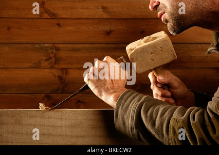 Scanalare scalpello di legno falegname attrezzo martello in mano lavorando sullo sfondo di legno Foto Stock