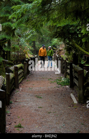 L uomo e la donna a piedi giù per un sentiero in una vecchia foresta, Cattedrale Grove, BC, Canada Foto Stock