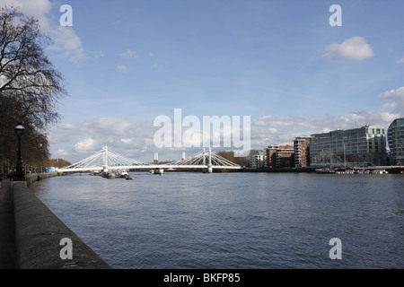 Il fiume Tamigi visto dal Cheyne a piedi vicino a Battersea Bridge e la molla in tutta la sua gloria. Foto Stock