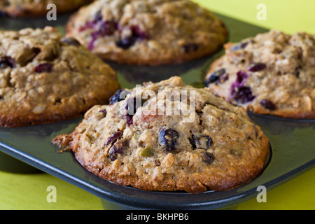 Freschi di forno di grano intero muffin ai mirtilli con semi Foto Stock