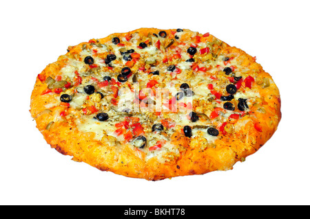 Pizza tonda isolato su bianco Foto Stock