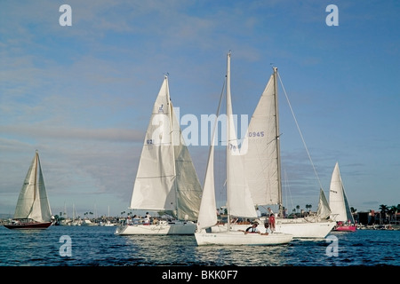 Sailboaters godere le loro gite in un assolato pomeriggio di estate in acque protette di Newport Harbour a Newport Beach in California del Sud, Stati Uniti d'America. Foto Stock