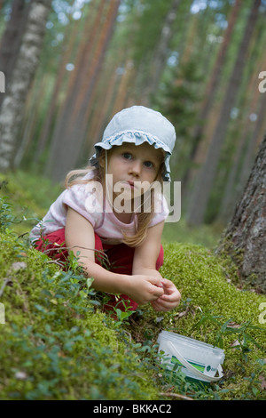 Tre anni ragazza Berry-Picker nella foresta Foto Stock