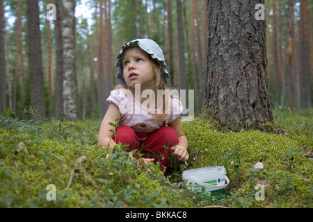 Tre anni ragazza Berry-Picker nella foresta Foto Stock