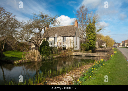 Tradizionale Cotswold cottage sulle rive del Tamigi superiore su High Road a Ashton Keynes, Wiltshire, Regno Unito Foto Stock