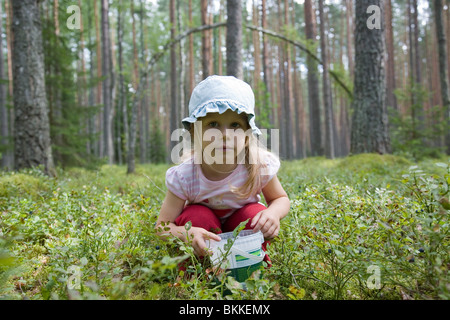 Tre anni ragazza Berry-Picker nella foresta Foto Stock