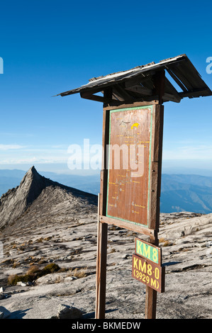 Summit segnavia con il picco del sud di Mt Kinabalu in background. Kinabalu National Park, Sabah Borneo Malese. Foto Stock