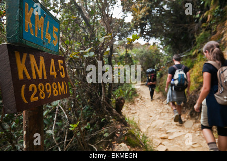 Indicatore di percorso sul Mt Kinabalu summit trail. Kinabalu National Park, Sabah Borneo, Malaysia Foto Stock