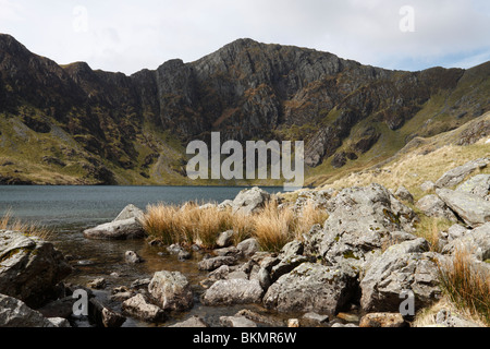 Il lago di Llyn Cau accoccolato sotto la grande scogliera di Craig Cau sulla montagna di Cadair Idris in Snowdonia, il Galles del Nord Foto Stock
