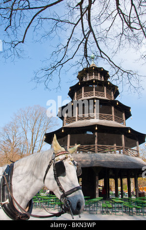 Cavallo di fronte Chinesischer Turm nel "Englischer Garten ' a Monaco di Baviera, Germania. Foto Stock
