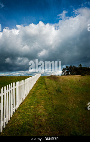 Un white Picket Fence si estende fino all'orizzonte in America Campeggio sulla costa sud di San Juan Island, Washington in Puget Sound Foto Stock