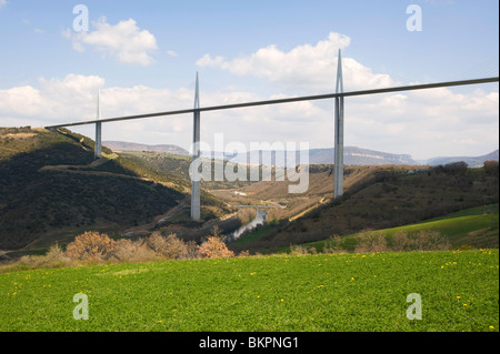 Bellissimo il viadotto di Millau sospensione ponte trasportano traffico oltre il fiume Tarn Aveyron Midi-Pirenei Francia Foto Stock