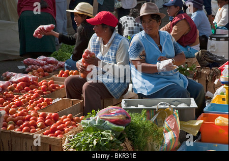 Ecuador, indigeni donne indiane vendere prodotti freschi di fattoria al settimanale mercato Sangolqui. Foto Stock