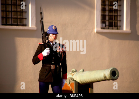 Il Principato di Monaco, Cote D'Azur, Monaco Ville; cambiamento della guardia reale di fronte al Palais du Prince Foto Stock