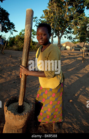 Il Malawi, Lilongwe, Ntchisi Riserva Forestale. La macinazione del miglio con un grande pestello di legno e di mortaio. Foto Stock