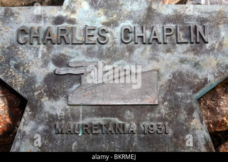 Brass star, commemorazione, Sir Charles Spencer Chaplin, KBE, attore comico inglese, Brass star, commemorazione, Sir Charles Spencer Chaplin, KBE, inglese Foto Stock
