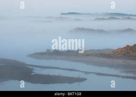 In Zonsopkomst vroeg voorjaar vanaf hoog duin over oude duinen en duinvaleien incontrato nevel en nebbia. Foto Stock