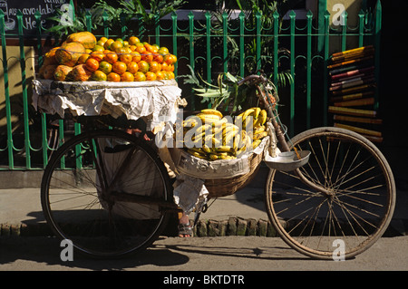 Arance, banane e papaya sono venduti da una bicicletta - KATHAMANDU, NEPAL Foto Stock