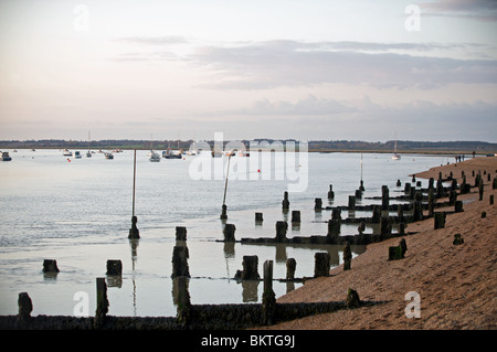 Pennelli in legno, Bawdsey traghetto, Suffolk, Regno Unito. Foto Stock