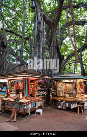 Gioielli si spegne e il Gigante Banyan Tree nel mercato internazionale in Waikiki, Honolulu, Hawaii Foto Stock
