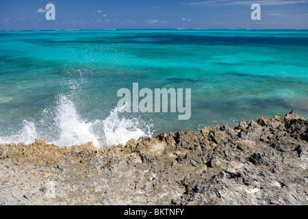 Un'onda rompe sulla spiaggia corallina di Man o War Cay in Abacos, Bahamas. Foto Stock