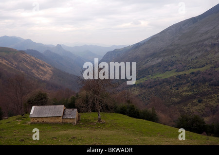 Valle con una cabina di montagna nelle Asturie, Spagna. Foto Stock