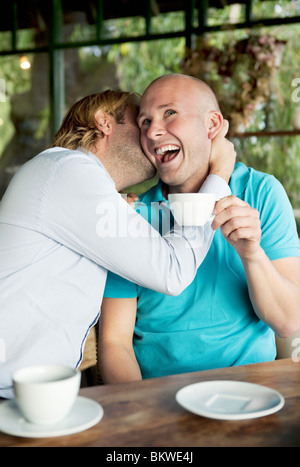 Due felici uomini gay parlando Foto Stock