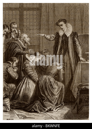 Nel febbraio 1587, Maria Stuart benedizione i suoi servi il giorno prima della sua esecuzione. Foto Stock