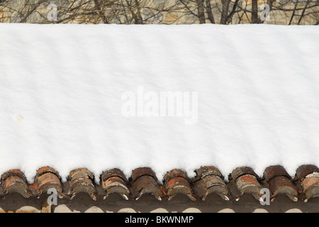 Età di argilla tegole del tetto nevicato sotto la neve dettagli dell'architettura Foto Stock