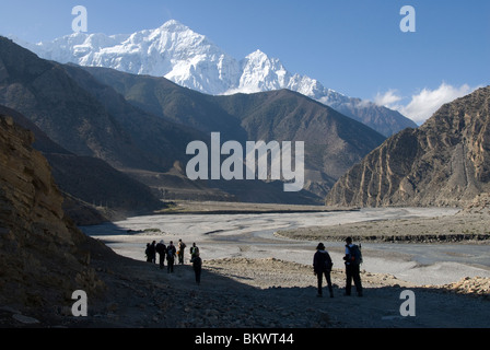 Il trekking, Kali Gandaki river, Kagbeni, Circuito di Annapurna, Mustang District, Nepal, Nilgiri Nord in distanza. Foto Stock