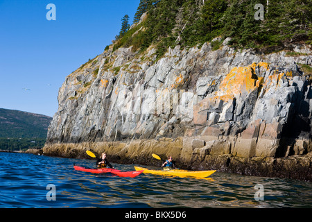 Un uomo e una donna kayak di mare vicino a Bald Porcupine isola nel Maine il Parco Nazionale di Acadia. Bar Harbor. Foto Stock