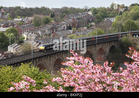 East Coast express passeggero treno elettrico che attraversa il viadotto ferroviario a Durham, England, Regno Unito Foto Stock
