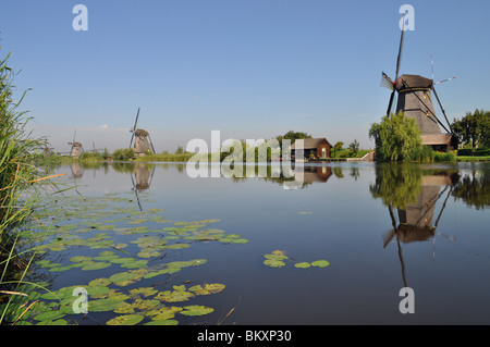 Mulino olandese riflettendo in un canale, Kinderdijk, Olanda Foto Stock