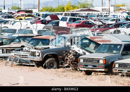 Automobili in un cantiere di soccorso essendo utilizzato per riciclare parti Foto Stock