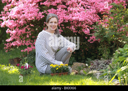 Donna matura da azalea preparando per piantare fiori Foto Stock