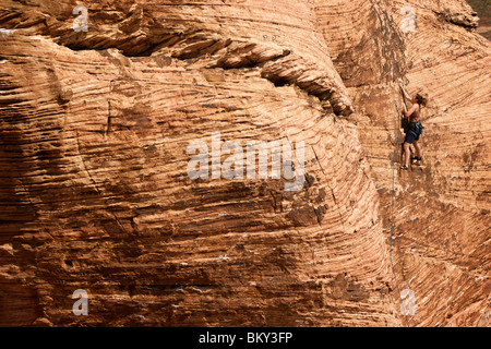 Un scalatore di pietra lo ascende a Red Rock faccia in Nevada. Foto Stock