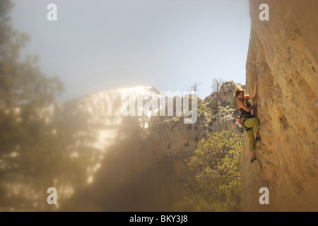 Un scalatore di pietra lo ascende a Red Rock faccia in Nevada. Foto Stock