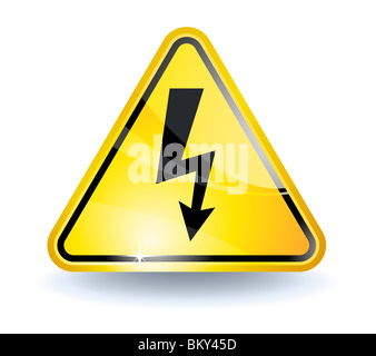 Simbolo di alta tensione con finitura lucida superficie gialla Foto Stock