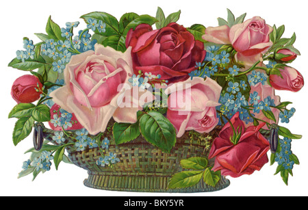 Le rose rosa, rose rosse e Forget-Me poveri in un cesto di vimini Foto Stock