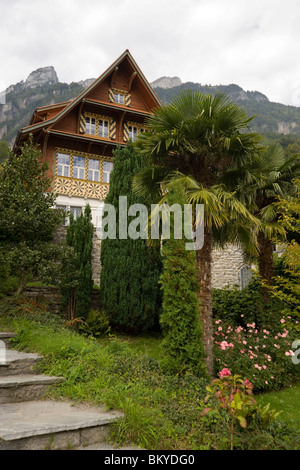 Coltivazione di palme di fronte a una casa, Bauen, il villaggio smalles di Uri, Lago Urnersee, parte del lago di Lucerna, il Cantone di Uri, Switze Foto Stock