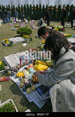 Fu Shou Yuan cimitero cimitero durante il Ching Ming Festival, preghiere per i morti, avi, famiglia offre cibo, vino, frutta al Foto Stock