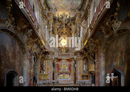 Vista interna della chiesa Asam, Asamkirche, St. Johann Nepomuk fu costruito nel 1733-1746 dai fratelli Asam Asam, Cosmas Damian Foto Stock