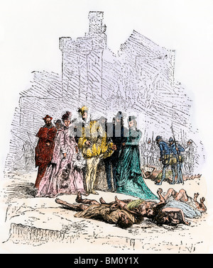 Massacro di Ugonotti da Caterina de' Medici di forze su San Bartolomeo del giorno, Parigi, 1572. Colorate a mano la xilografia Foto Stock